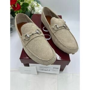 Men's Gucci oatmeal GG suede driver loafers size 11 fits 11.5 US made in Italy